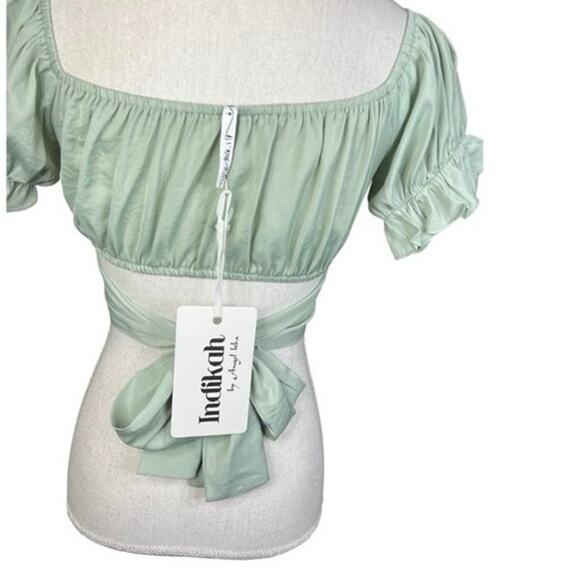 Indikah green crop top coquette boho festival NEW puff sleeve summer soft girl - Picture 7 of 10